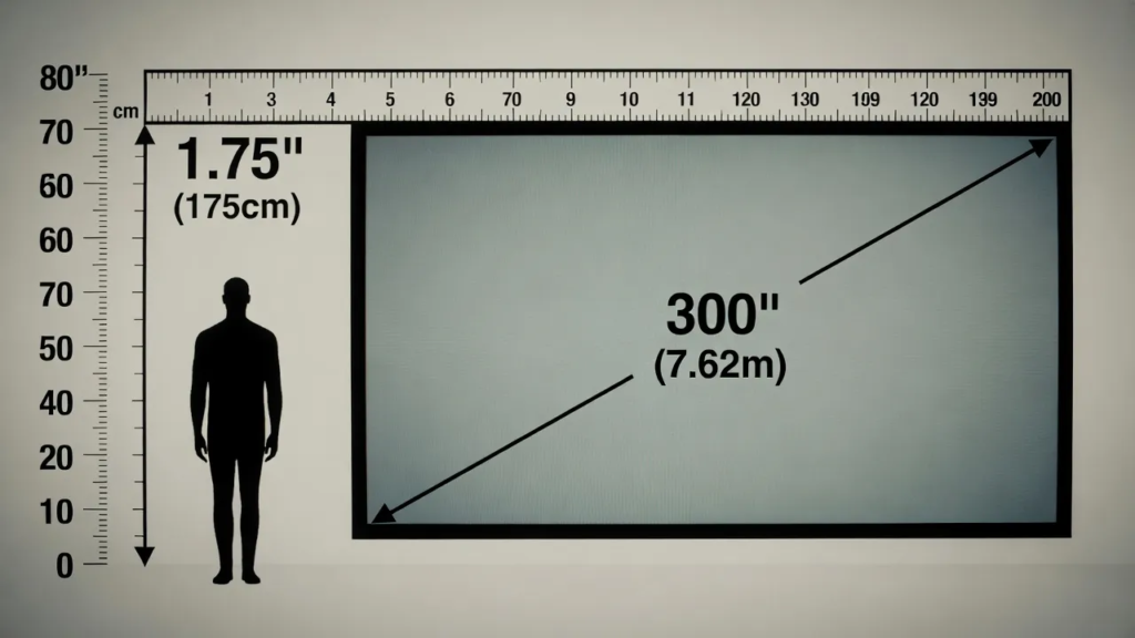 a human silhouette (1.75 m) next to a 300-inch screen (7.62 m diagonal) to illustrate the scale.
