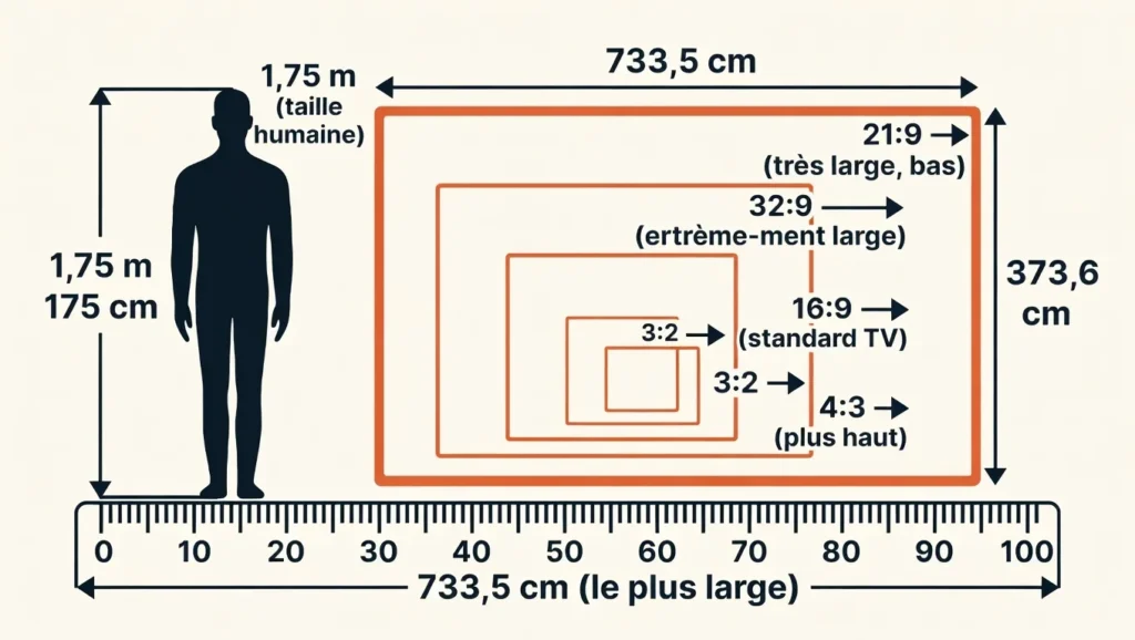 the five ratios superimposed for a 300-inch screen, with a human silhouette (1.75 m) for size reference.