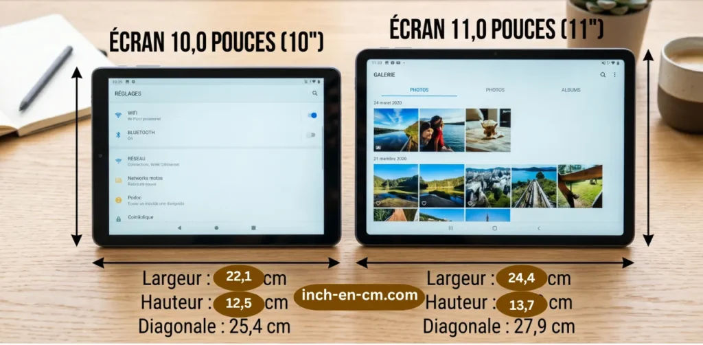  l'échelle réelle montrant un écran 10" et un écran 11" côte à côte, avec les dimensions annotées.