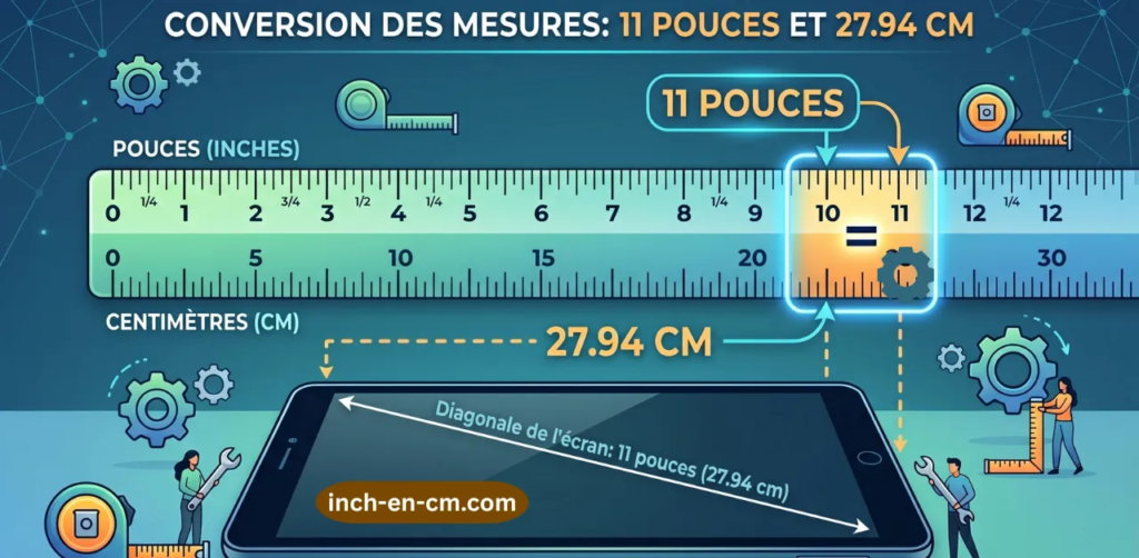 une règle graduée en pouces et en centimètres, avec le repère « 11 pouces = 27,94 cm » clairement mis en évidence. Ajouter une silhouette de tablette 11 pouces à l'échelle réelle.