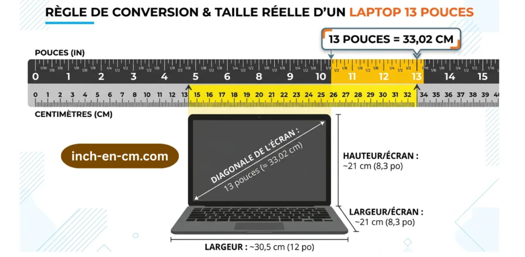 Infographie comparative montrant une règle de conversion pouces en centimètres avec le repère 13 pouces équivalent à 33,02 cm mis en évidence, illustrée avec la silhouette et les dimensions réelles d'un ordinateur portable de 13 pouces.