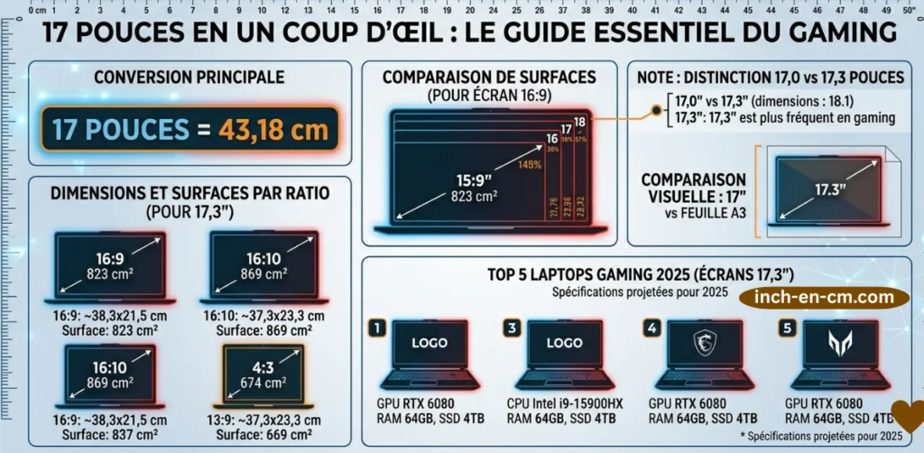 « 17 pouces en un coup d'œil » avec  conversion principale (43,18 cm), dimensions par ratio avec surfaces, comparaison 15161718 pouces en surfaces, top 5 laptops gaming 2025, repère visuel feuille A3, et note sur la distinction 17,0 vs 17,3 pouces.