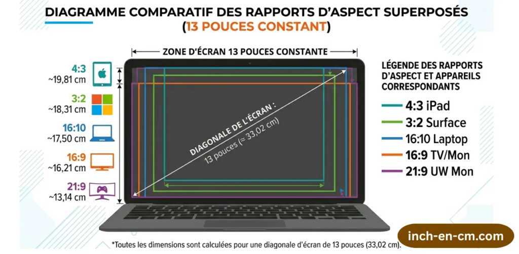 Diagramme comparatif des rapports d'aspect superposés pour un écran de 13 pouces constant, affichant les dimensions et les logos des appareils correspondants pour les formats 4:3 iPad, 3:2 Surface, 16:10 Laptop, 16:9 TV et 21:9 UltraWide.