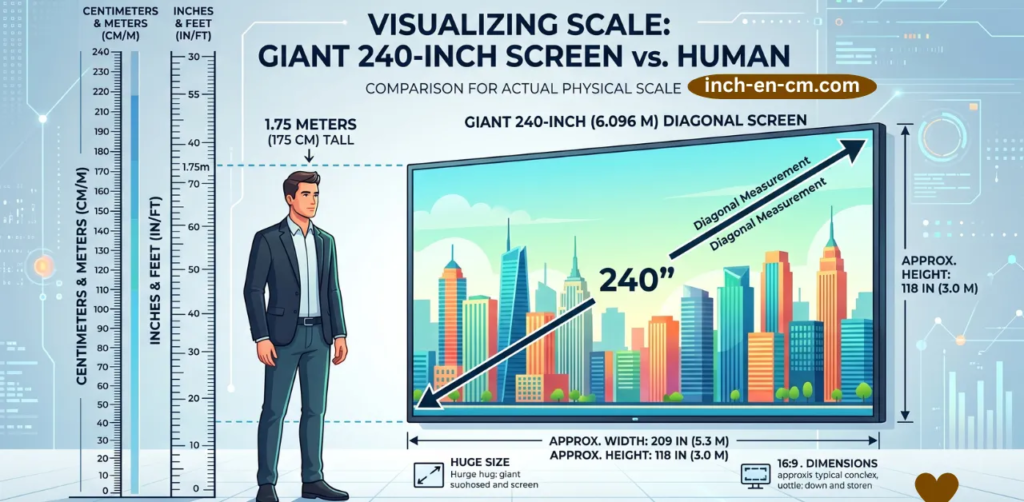 Infographie comparant les échelles : silhouette humaine de 1,75 m à côté d’un écran de 240 pouces (6,096 m), avec règles en pouces, cm et mètres.