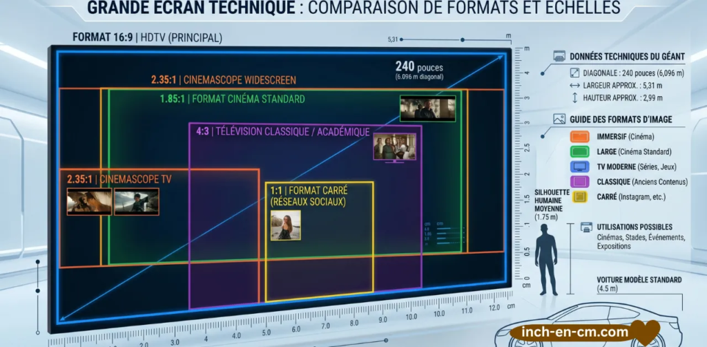 Diagramme à l’échelle comparant un écran de 240 pouces (6,096 m), une silhouette humaine de 1,75 m et une voiture de 4,5 m, avec ratios visuels et repères en cm et mètres.