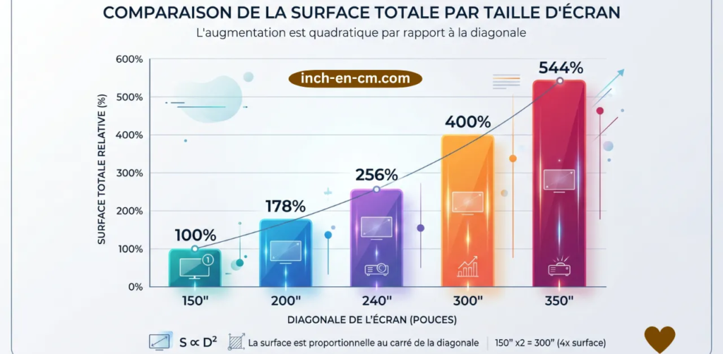 Créer un graphique à barres comparant la surface des écrans de 150", 200", 240", 300" et 350" afin de visualiser clairement la progression quadratique de la surface en fonction de la taille.