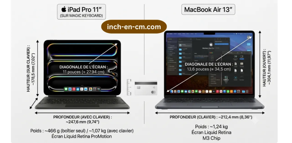 Comparaison côte à côte à l'échelle réelle d'un iPad Pro 11 pouces sur Magic Keyboard et d'un MacBook Air 13 pouces avec puce M3, affichant les dimensions exactes de hauteur, largeur, diagonale d'écran et poids pour chaque appareil, séparés par un repère de carte de crédit.
