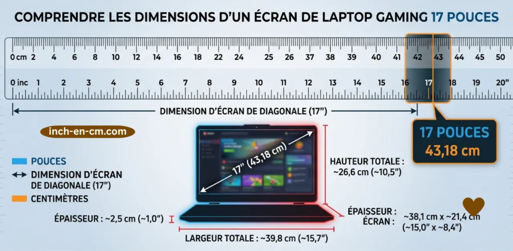 Insérer ici une infographie montrant une règle graduée en pouces et en centimètres, avec le repère « 17 pouces = 43,18 cm » clairement mis en évidence. Ajouter une silhouette de laptop gaming 17 pouces à l'échelle réelle avec les dimensions annotées.