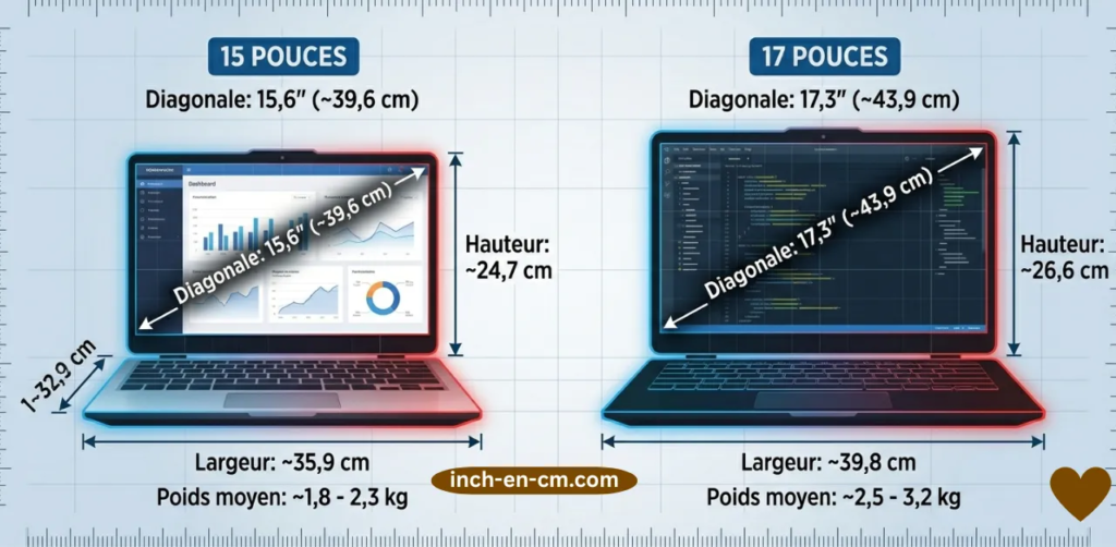  une image comparative côte à côte montrant un laptop 15 pouces et un laptop 17 pouces à l'échelle réelle, avec les dimensions et poids annotés pour chaque appareil.
